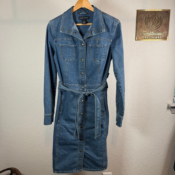 Sergio Valente Mens Denim Long Sleeve Button Front Belted Shirt Dress Blue M - Picture 9 of 10